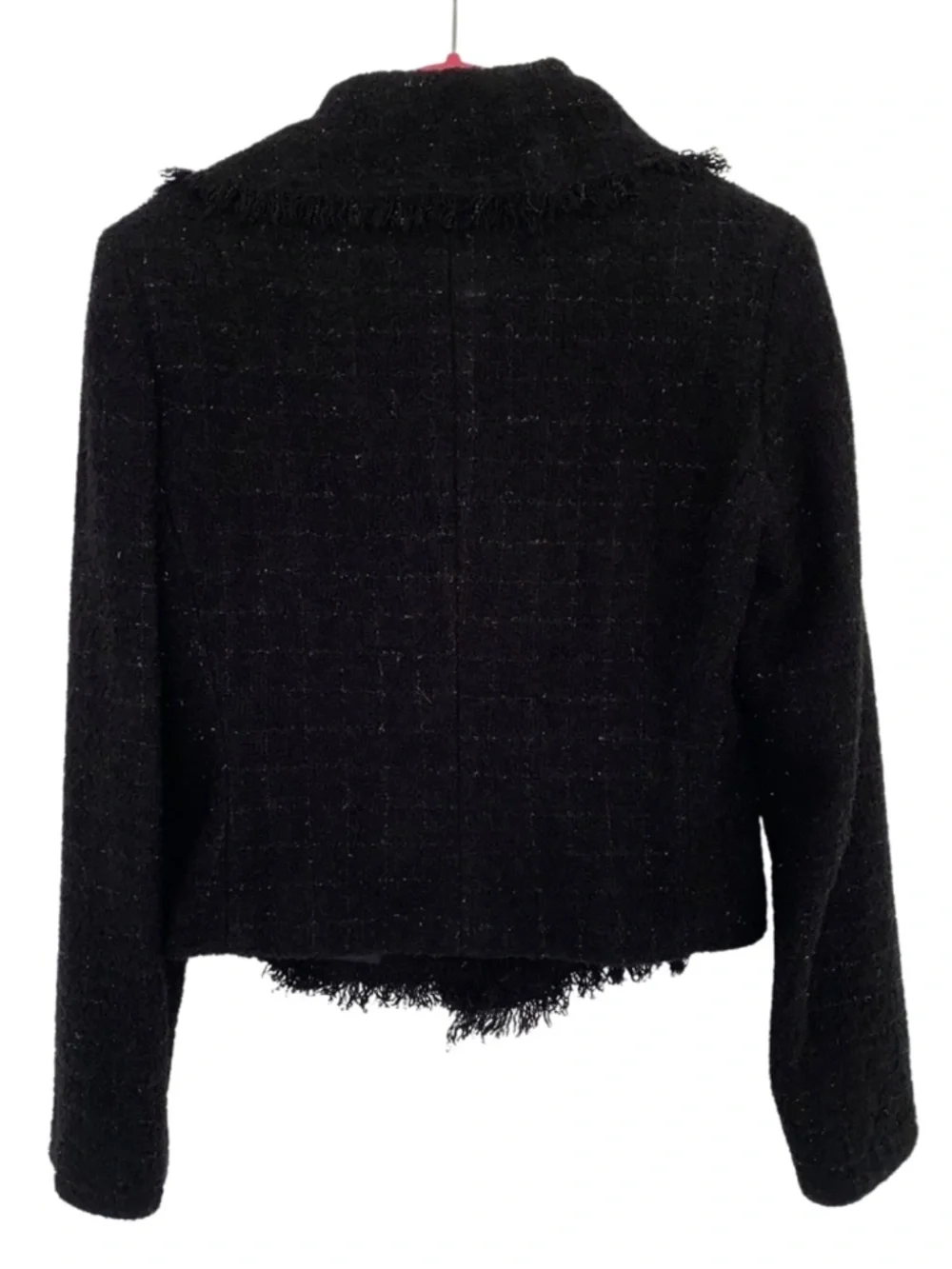 Express Wool Blend Boucle Fringe Trim Moto Jacket Black 5/6